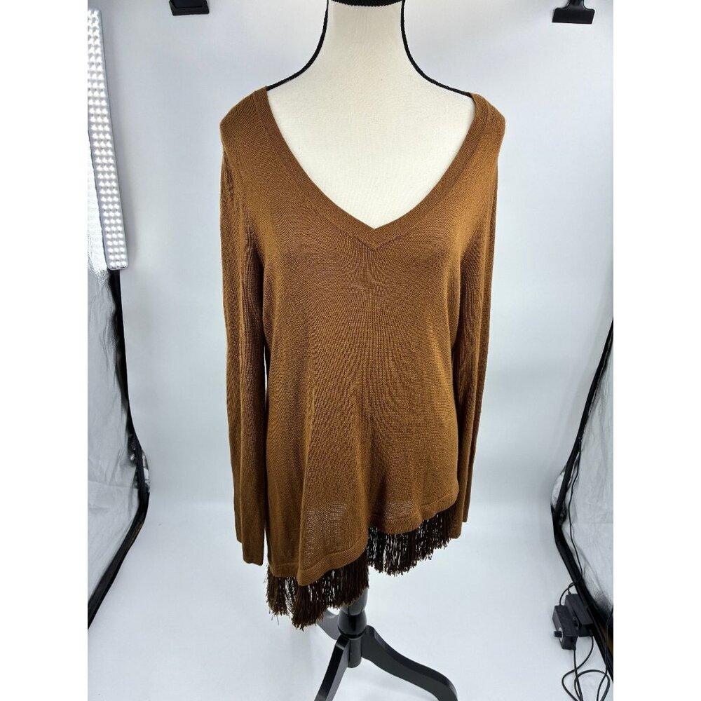 Chico's Sweater Womens Size M Brown V Neck Knit Fringe Hem